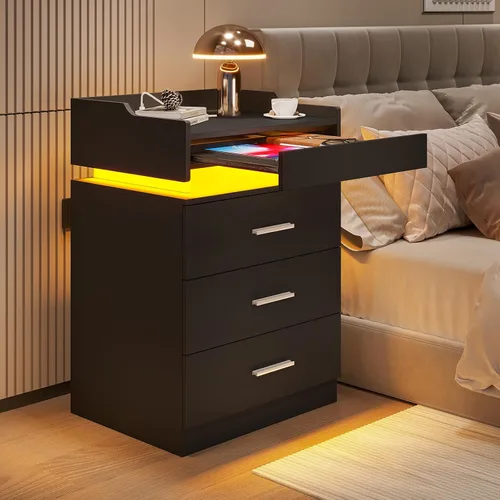 HAUOMS Mesita de noche grande con estación de carga y luz LED, mesa auxiliar con 3 cajones y estante extraíble, mesita de noche con puertos USB y