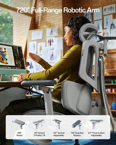 Miniatura 7 de Hbada X7 Silla ergonómica inteligente, sillas de oficina, seguimiento lumbar totalmente automatizado, reposacabezas ajustable 4D, reposabrazos Gris