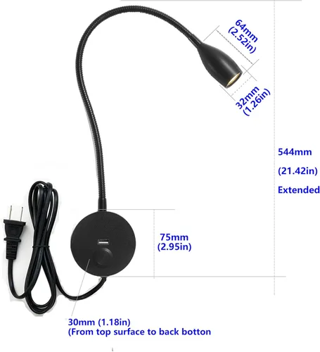 Miniatura 5 de Luz LED de lectura de pared con puerto de carga USB, interruptor regulable táctil, lámpara de noche de cuello de cisne, brazo flexible, 3 W