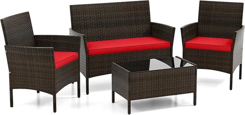 Miniatura 9 de DORTALA Juego de muebles de mimbre para patio, 4 piezas, mesa y sillas de ratán de polietileno para exteriores con mesa de centro de vidrio Naranja