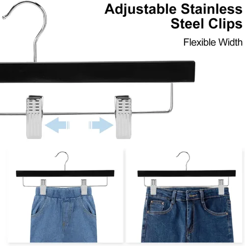Miniatura 3 de AMKUFO 20 piezas de perchas de madera para pantalones, perchas sólidas para pantalones con clips ajustables de 14 pulgadas, perchas de madera negra