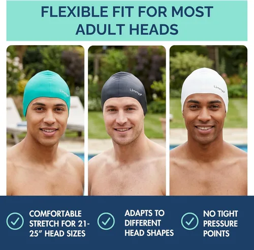 Miniatura 4 de Limmys Gorro de natación unisex para hombre y mujer, gorro de natación 100% silicona para mujer, de calidad premium, elástico y cómodo, disponible