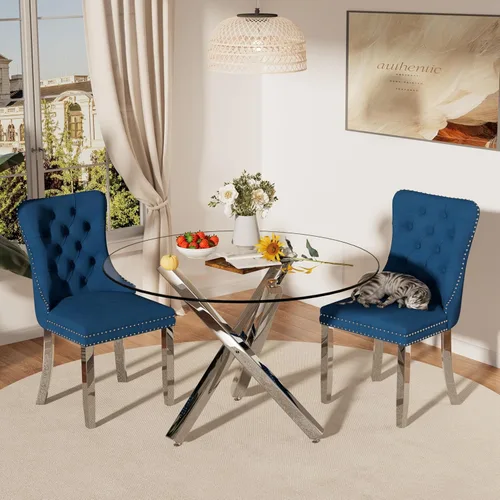 Miniatura 37 de Juego de mesa de comedor redonda de cristal moderno de mediados de siglo para 4, juego de vajilla circular de lujo plateado de 5 piezas, juego