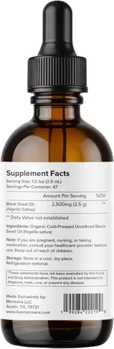 Miniatura 2 de MENSANA, Aceite de semilla negra (4 onzas – 47 porciones) – Virgen Nigella Sativa prensada en frío – Aceite de bienestar 100% orgánico, sin OMG