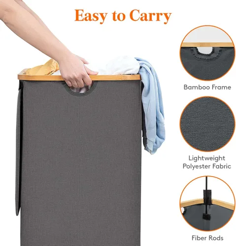 Miniatura 6 de Lifewit Cesta de ropa de 120L con tapa, cestas de ropa para lavandería con asas de bambú y una bolsa de lavandería extraíble, cesta plegable grande