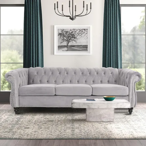 Miniatura 6 de ORRD Sofá Chesterfield, moderno sofá de terciopelo copetudo de 3 plazas con brazos de desplazamiento y cabeza de clavos para sala de estar
