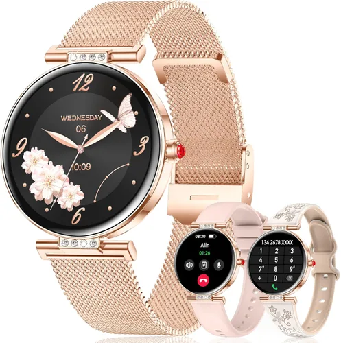 Reloj inteligente para mujer, 1.19 pulgadas, pantalla táctil AMOLED, reloj de fitness (llamadas/notificaciones), 3 correas, monitor de frecuencia