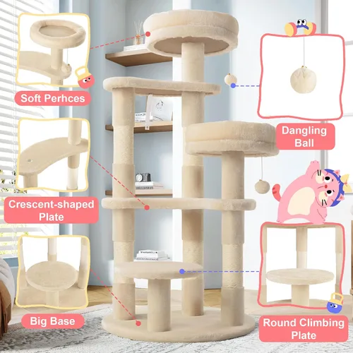 Miniatura 4 de Allewie - Árbol para gatos de 55.5 pulgadas para gatitos de interior/Perchas de felpa suave/Torre para gatos de varios niveles/Postes de sisal