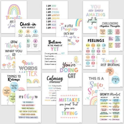 Decorably 18 pósteres de salud mental para niños, 8 x 10 pulgadas, laminado mate, inspirador, decoración de aprendizaje socioemocional – aulas,