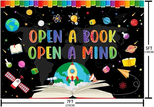 Miniatura 5 de AIBIIN Telón de fondo para fotografía del Día Mundial del Libro de 7 x 5 pies para fotografía Abrir un libro Abrir una mente Niños Estudiantes Aula