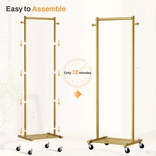 Miniatura 5 de MISSLO Percheros pequeños para colgar ropa con ruedas, perchero de ropa de 60 pulgadas con estantes, estante portátil con ruedas para armarios Dorado