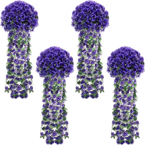 Miniatura 8 de XunYee Paquete de 4 flores artificiales colgantes para exteriores, plantas colgantes falsas de 5 pétalos de seda violeta, plantas de simulación