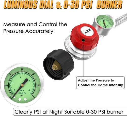 Miniatura 2 de Manguera de propano de 5 pies con regulador para tanque de propano, regulador de alta presión ajustable de 0-30 PSI con manómetro 0~60 PSI indicador