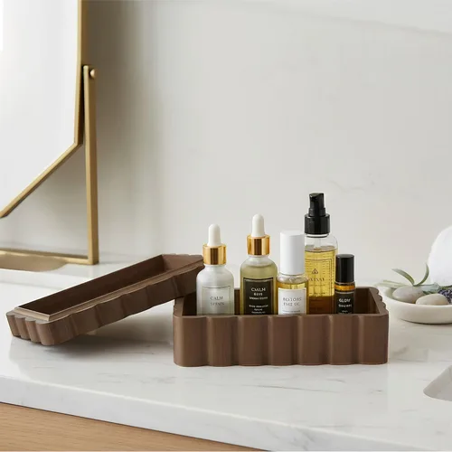 Miniatura 4 de Caja de recuerdo de madera de caucho con borde tallado, joyero con borde ranurado para baratijas y fotos, joyero de madera con forma de abanico, 8.7