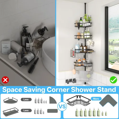 Miniatura 8 de DTUQYX Barra de tensión de esquina para regadera, estante organizador de baño ajustable de 43.5 a 120 pulgadas, estante de almacenamiento para baño