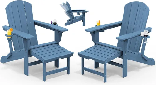 Miniatura 33 de KINGYES Silla Adirondack plegable ajustable con otomana retráctil, silla reclinable Adirondack de polietileno de alta densidad con soporte