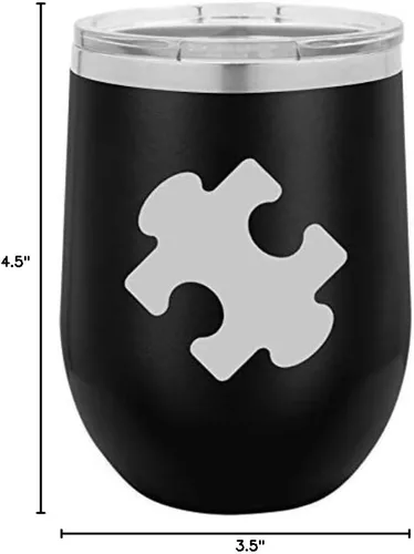 Vaso de vino de acero inoxidable con aislamiento al vacío de doble pared de 12 onzas, taza de viaje para café con tapa, pieza de rompecabezas (negro)