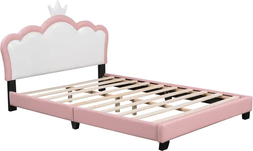 Miniatura 6 de Bellemave Cama de princesa de tamaño matrimonial con cabecera corona, plataforma tapizada de poliuretano para niños y niñas, no necesita somier