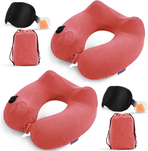 Miniatura 7 de Paquete de 2 almohadas inflables de viaje para el cuello para aviones, almohadas de cuello de terciopelo para adultos para vuelo largo, kit
