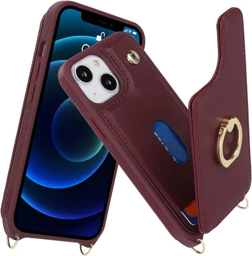 Miniatura 2 de Lipvina Funda para iPhone 13 Mini con tarjetero y correa para mujer, cordón cruzado, soporte de anillo con soporte, cierre a presión, bloqueo RFID