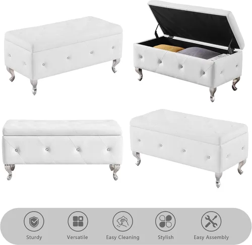 Miniatura 7 de mikibama Banco otomano de piel sintética para dormitorio, banco otomano de almacenamiento con botones de cristal con asiento y patas de metal Blanco