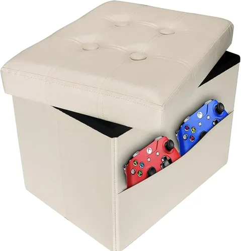 Miniatura 10 de AmasSmile Otomana de Almacenamiento Plegable Reposapiés, Banco Reposapiés de Cuero, Otomana Corta, Almacén de Reposapiés, Libros
