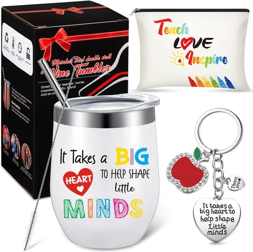 Geiserailie Set de regalo de agradecimiento para profesores, vaso de vino, llavero, bolsas de maquillaje con caja (estilo fresco)
