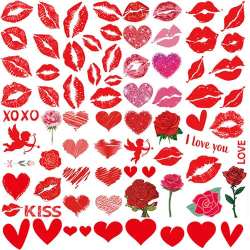 Tatuajes de huellas labiales, tatuaje facial temporal rojo y rosa para mujeres, hombres y niños, 10 hojas