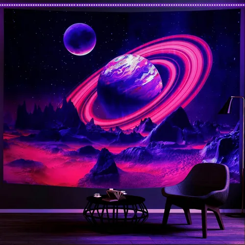 Miniatura 2 de Leofanger Tapiz de planeta trippy con luz negra, tapiz de pared de montaña reactivo a los rayos UV, tapiz espacial de galaxia, cielo nocturno
