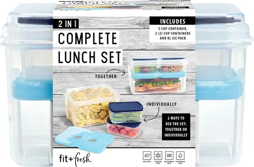 Fit & Fresh 216HL - Juego de entrada con bolsa de hielo, 3 recipientes reutilizables para control de porciones, sin BPA, apto para microondas y