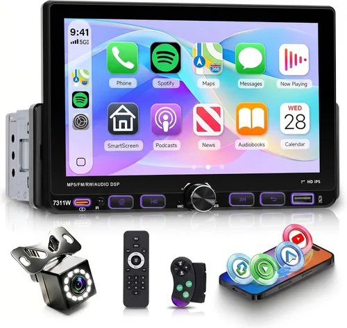 Miniatura 8 de Radio DIN individual con CarPlay con cable y Android Auto, pantalla táctil HD de 7 pulgadas, estéreo de coche de un solo DIN con enlace de espejo