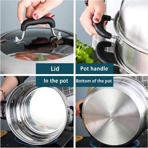 Miniatura 4 de MANO Olla Vaporera para Cocinar de 12.6 Pulgadas con Tapa, Olla Vaporera de Acero Inoxidable de 2 Niveles, Utensilios de Cocina Multiusos con Mango