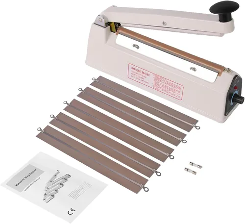 Sellador de impulso comercial de 8 pulgadas - Sellador térmico manual con tira de sellado de 0.118 in, construcción de aluminio para bolsas de PE/PP