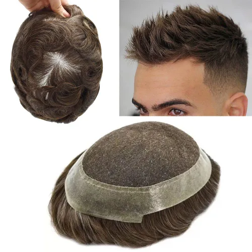 Miniatura 8 de Peluca de cabello humano para hombre, tupé de cabello humano suave para hombre, centro de encaje suizo suave, tupé adjunto con poliuretano alrededor