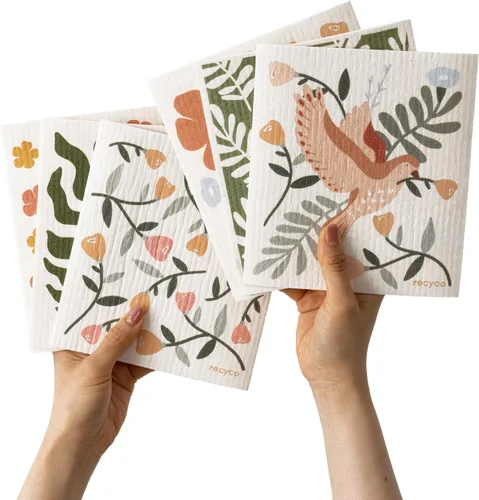 Miniatura 30 de RECYCO Paños suecos para cocina Paquete de 5 trapos geométricos lavables Toallas de papel de limpieza reutilizables de celulosa Paño