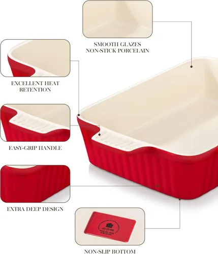 Miniatura 5 de MALACASA Fuente para hornear de 4.4 QT (cuartos de galón), fuente grande de 9x13 para cazuela para horno, molde de cerámica para hornear, molde Rojo