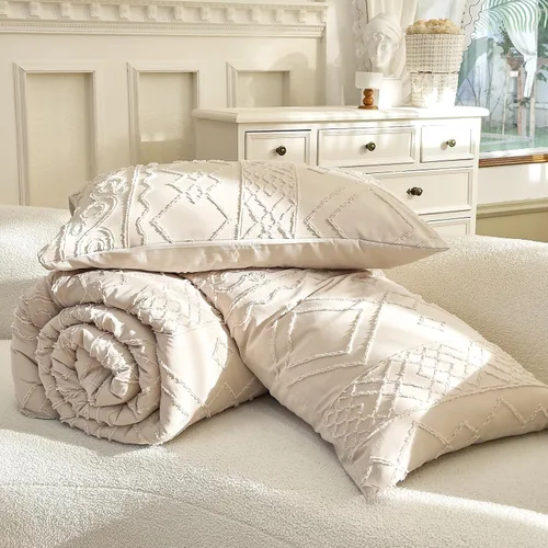 Miniatura 8 de Edredón con Mechones Tamaño King Juego de 3 Piezas Beige Boho Decoración de Dormitorio Estilo Granja para Todas las Estaciones Edredón Tamaño King