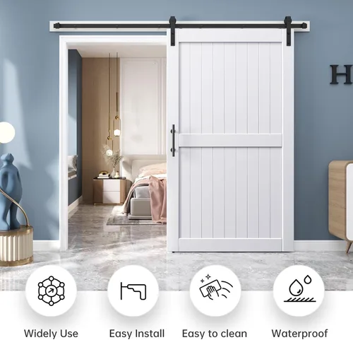 Miniatura 2 de EaseLife - Puerta de granero de 48 x 84 pulgadas en blanco con kit de herrajes deslizantes de 8 pies incluido y manija, madera maciza cubierta