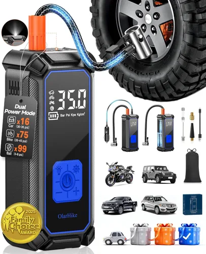 OlarHike Compresor de aire portátil sin cables, inflador de neumáticos de 150 PSI de doble potencia - 5400 mAh y 12 V CC, bomba de aire para 2-Azul