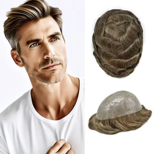 Miniatura 84 de Peluca completa de poliuretano para hombre, sistemas de reemplazo de cabello humano, piel fina y duradera, para hombre, prótesis de cabello