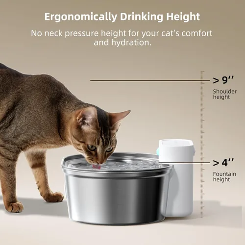 Miniatura 6 de uahpet Fuente de agua inalámbrica para gatos de acero inoxidable Pro, bomba externa a batería, dispensador de beber para perros con ventana de nivel