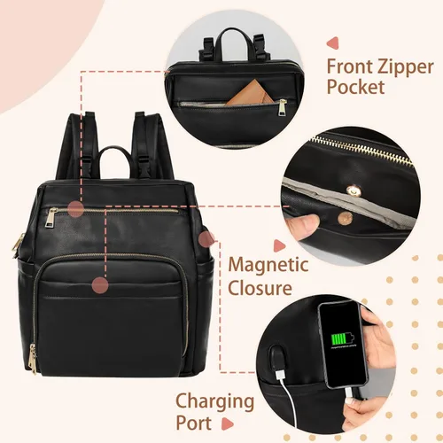 Miniatura 3 de Omanmoli Mochila de cuero grande para pañales con 18 bolsillos organizadores, 6 bolsillos aislados, puerto de carga USB, correas para cochecito