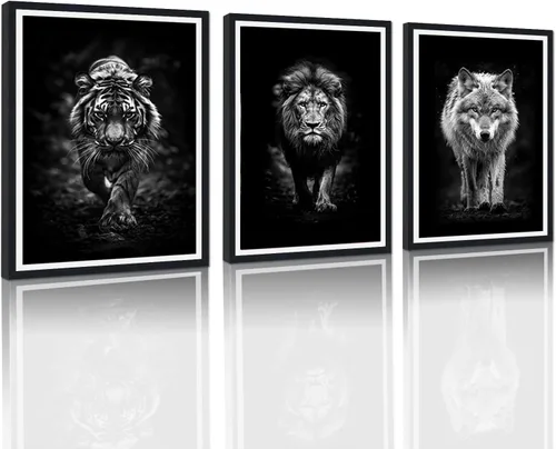 Miniatura 68 de 3 piezas modernas de lienzo de león de animales salvajes, pinturas de retratos de familia de leones, decoración de pared, obras de arte de sala