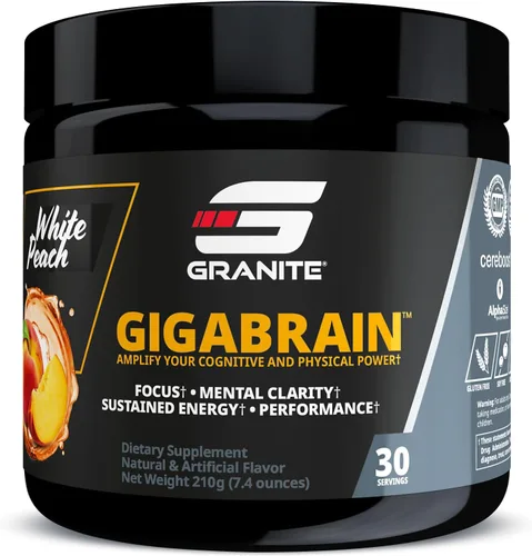 Granite Neuro-Stim Brain - Fórmula nootrópica y energética, sabor a melocotón blanco, apoya el enfoque mental, claridad y rendimiento, vegano, sin