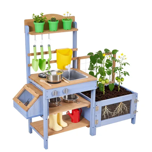 VEVOR Cocina de barro, cocina de barro al aire libre para niños, cocinas de juego de madera al aire libre con caja de plantación, recipiente para