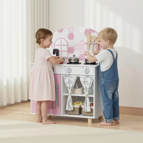 Miniatura 6 de Arlopu Set de Cocina de Juego, Juego Interactivo de Chef de Simulación para Niños con Gabinete con Cortina, Estufa con Perillas que Hacen Clic, Rosa
