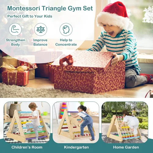 Miniatura 2 de Costzon - Juguete escalador de madera 4 en 1 para niños pequeños, escalador triangular con rampa deslizante, tabla y red para escalar, juguete