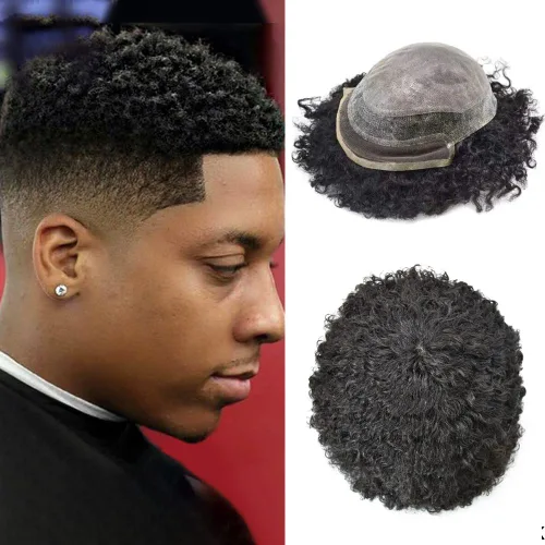 Tupé afro con encaje frontal para hombres negros, sistemas de cabello rizado rizado para hombres afroamericanos, inyectados, transpirables, agujeros
