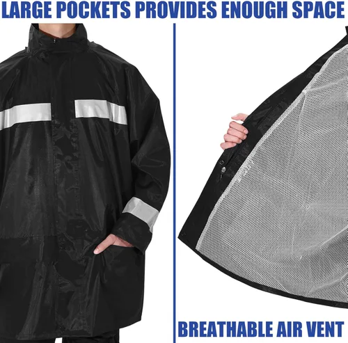 Miniatura 2 de Halfchet Chaqueta de lluvia reflectante para hombre, impermeable, de alta visibilidad, chaqueta de seguridad negra con tira reflectante, 2 piezas