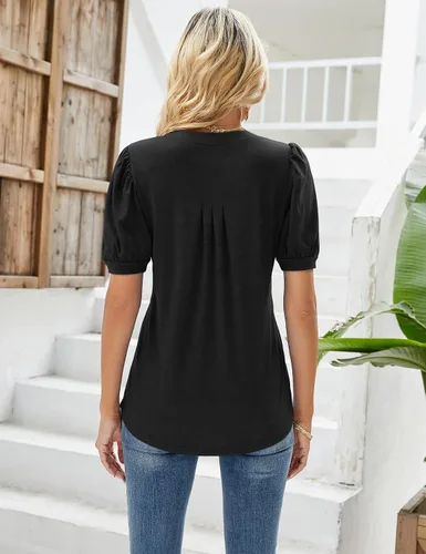 Miniatura 4 de Micoson Camisetas plisadas de manga corta con cuello en V para mujer, blusa casual de verano